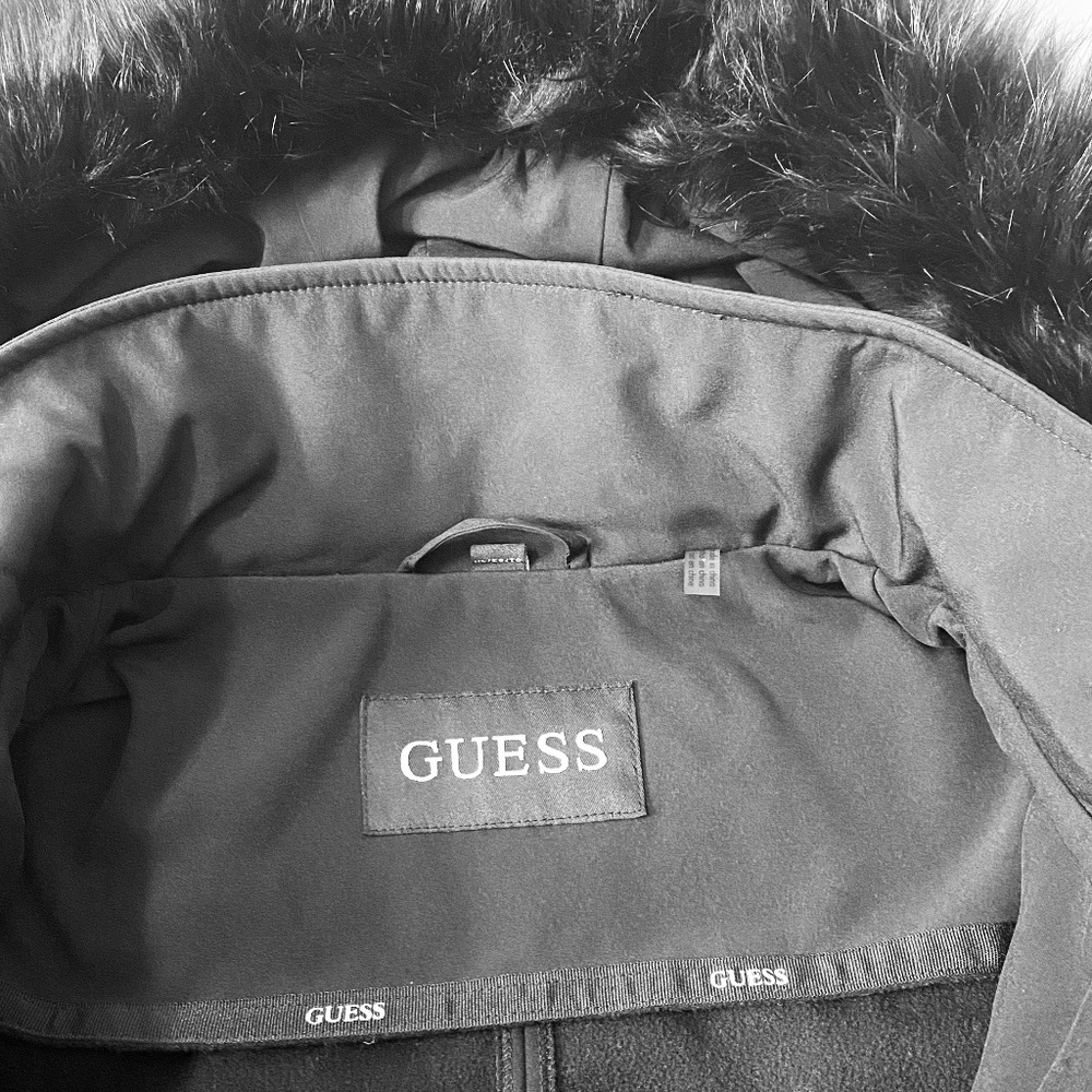 GUESS Faux-Fur Trim Lace Up Coat Women's Size XL Black - Picture 7 of 9